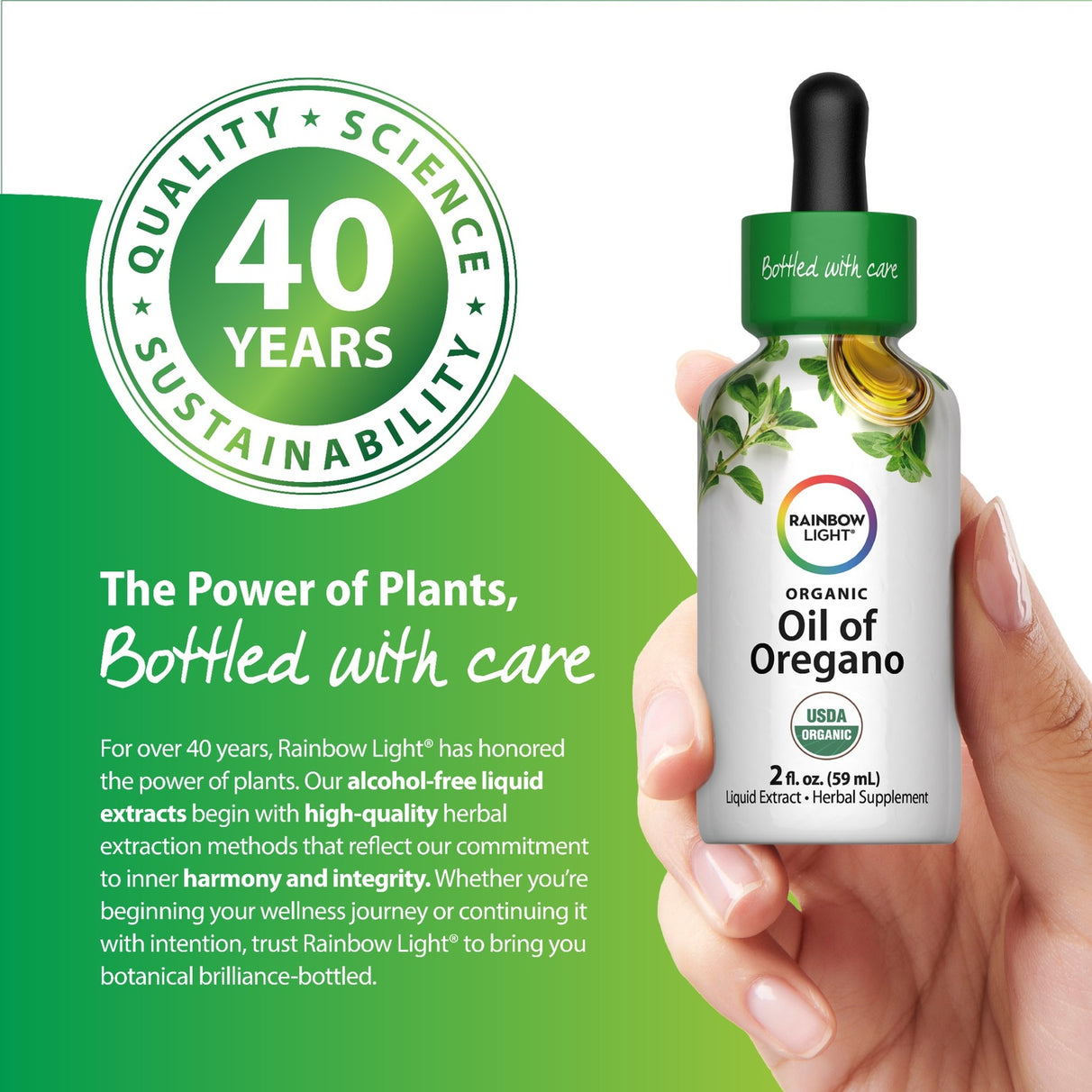 Oil of Oregano USDA Organic liquid extract bottle, 2 fl. oz. (59 mL), suitable for dietary needs.