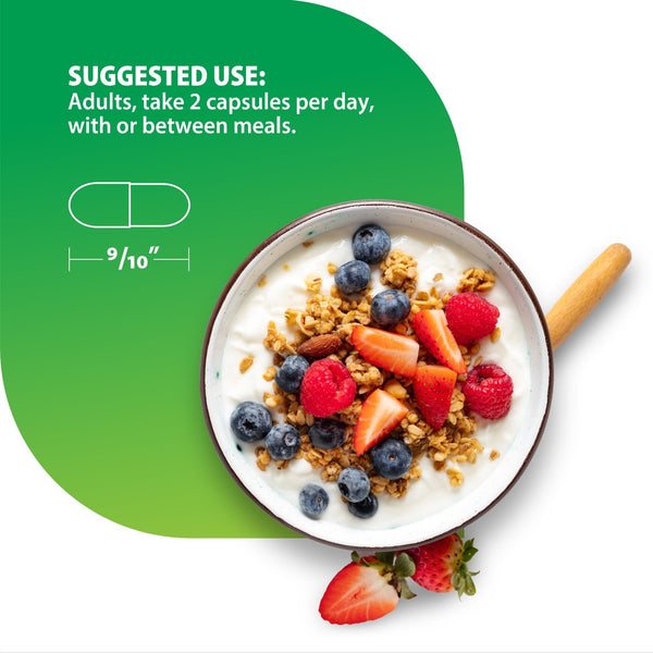 RL Postnatal Multi suggested use: Adults, take 2 capsules per day, with or between meals. Capsule diagram shows 9/10''. Yogurt & berries.