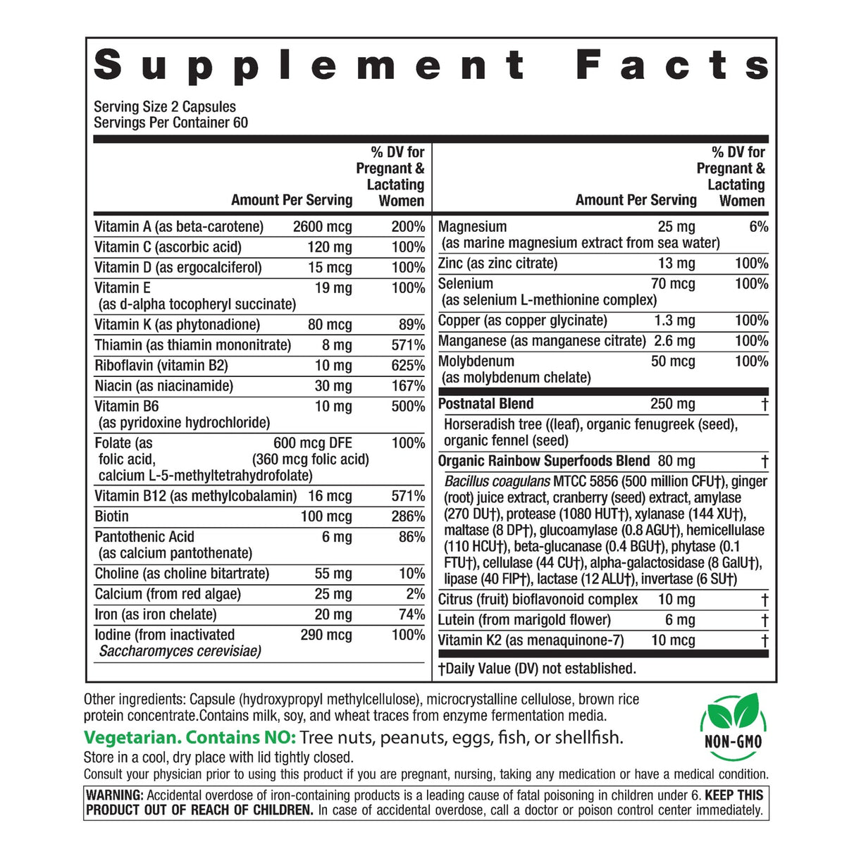 Supplement Facts panel for RL Postnatal Multi 120 Capsules.